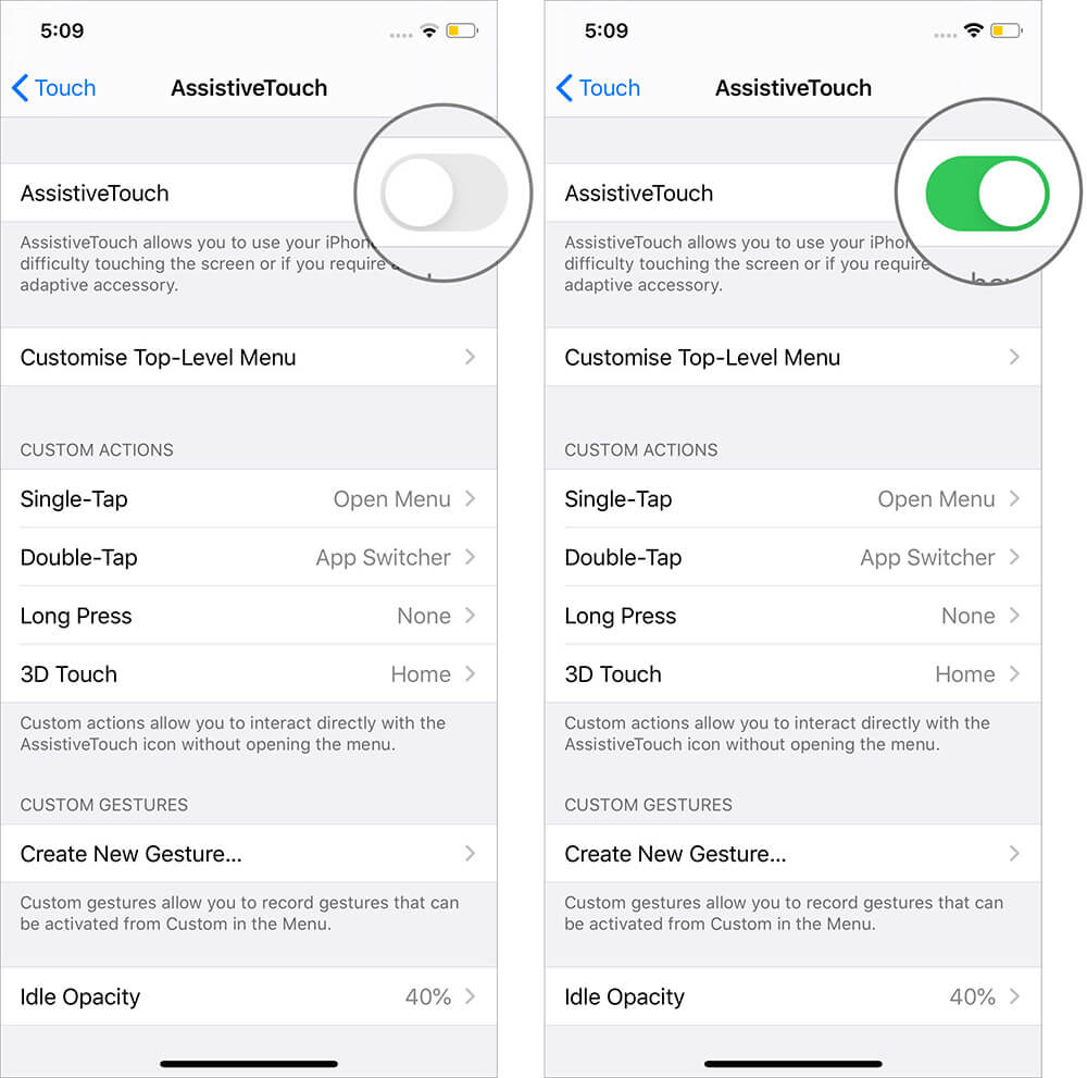 فعال کردن گزینه AssistiveTouch در خالی کردن رم