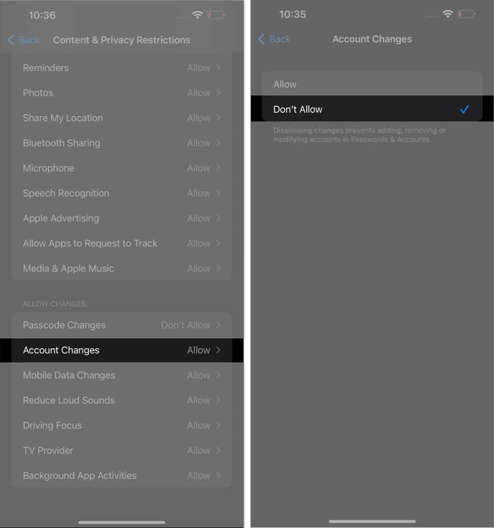 ندادن اجازه در بخش Account Changes