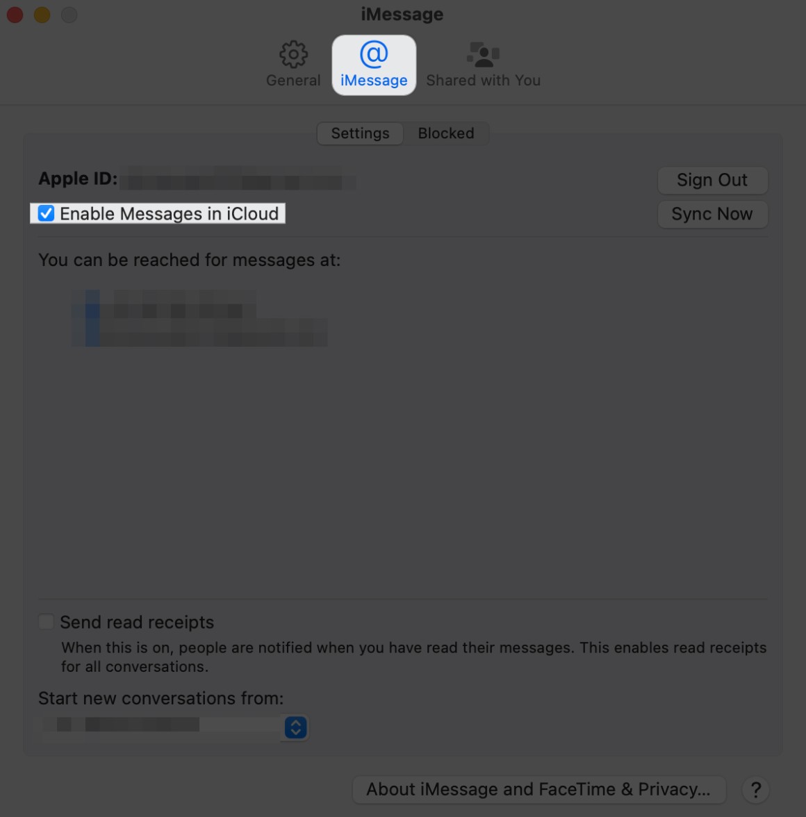 فعال بودن گزینه Enable Messages در آیکلود