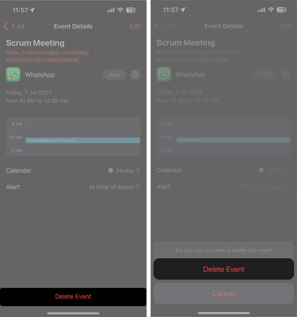 کلیک بر روی گزینه Delete Event برای حذف تماس