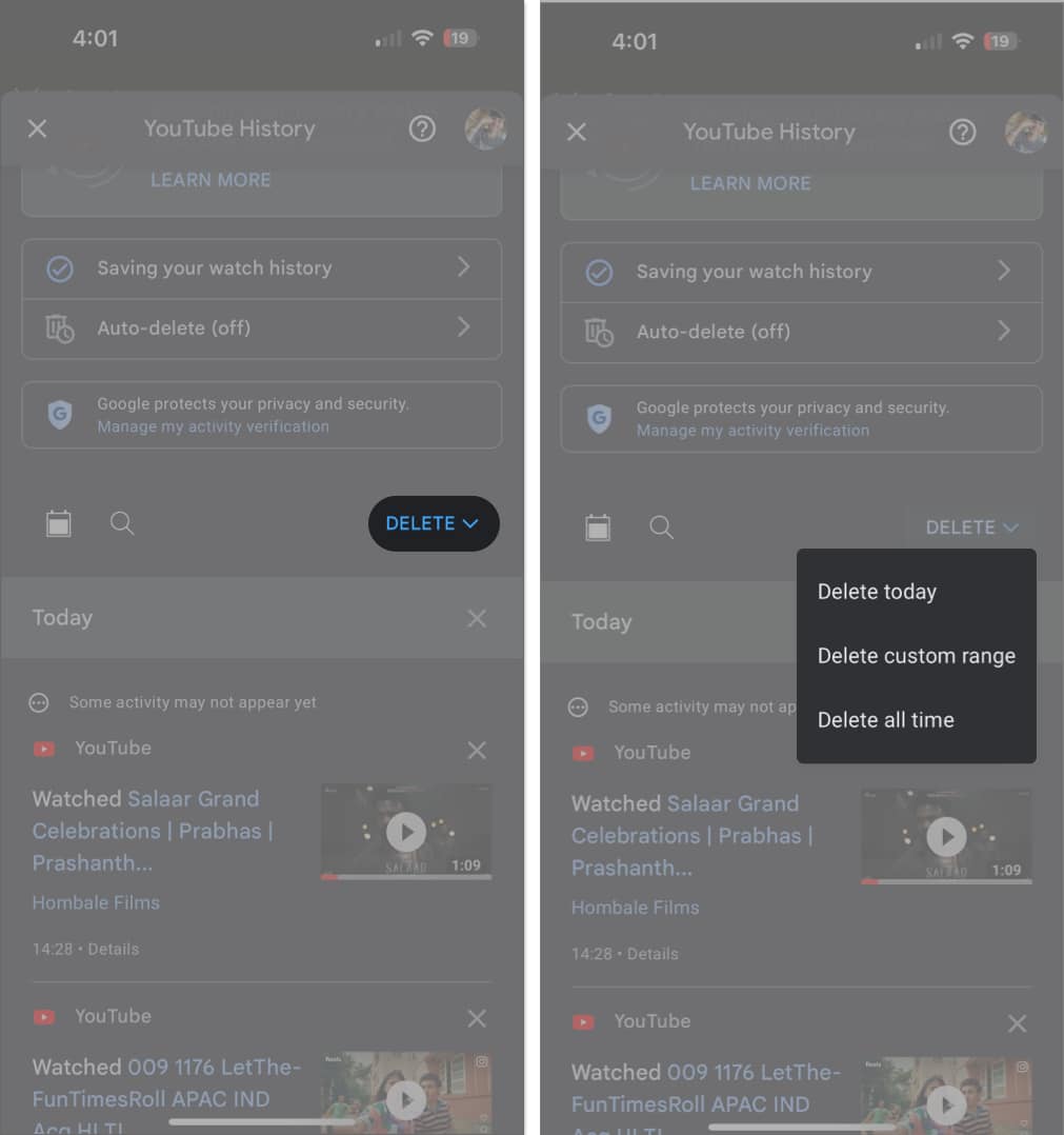 برای حذف تاریخچه Youtube بر روی Delete ضربه بزنید