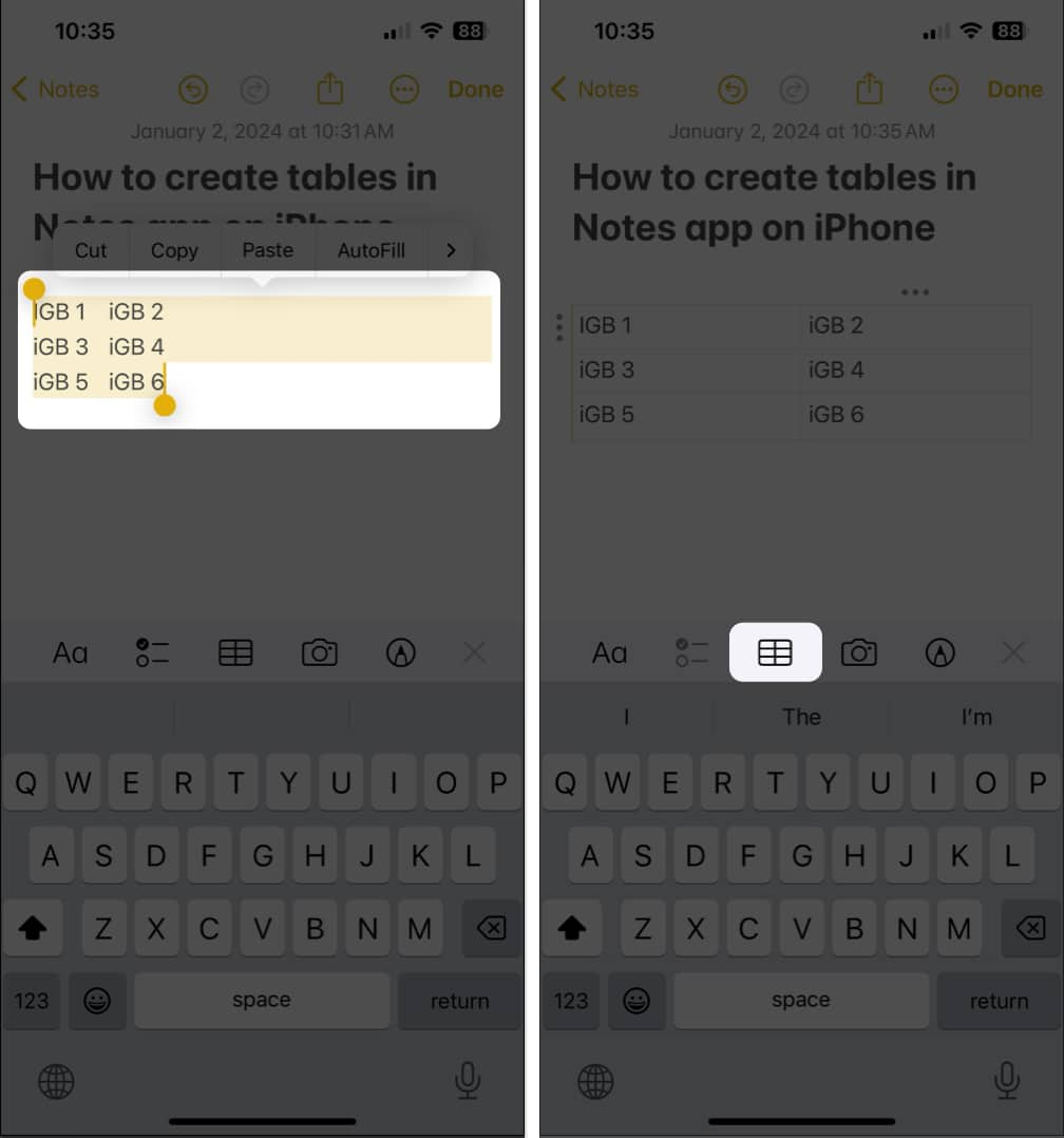 تبدیل متن به جدول در برنامه نوت در آیفون و آیپد