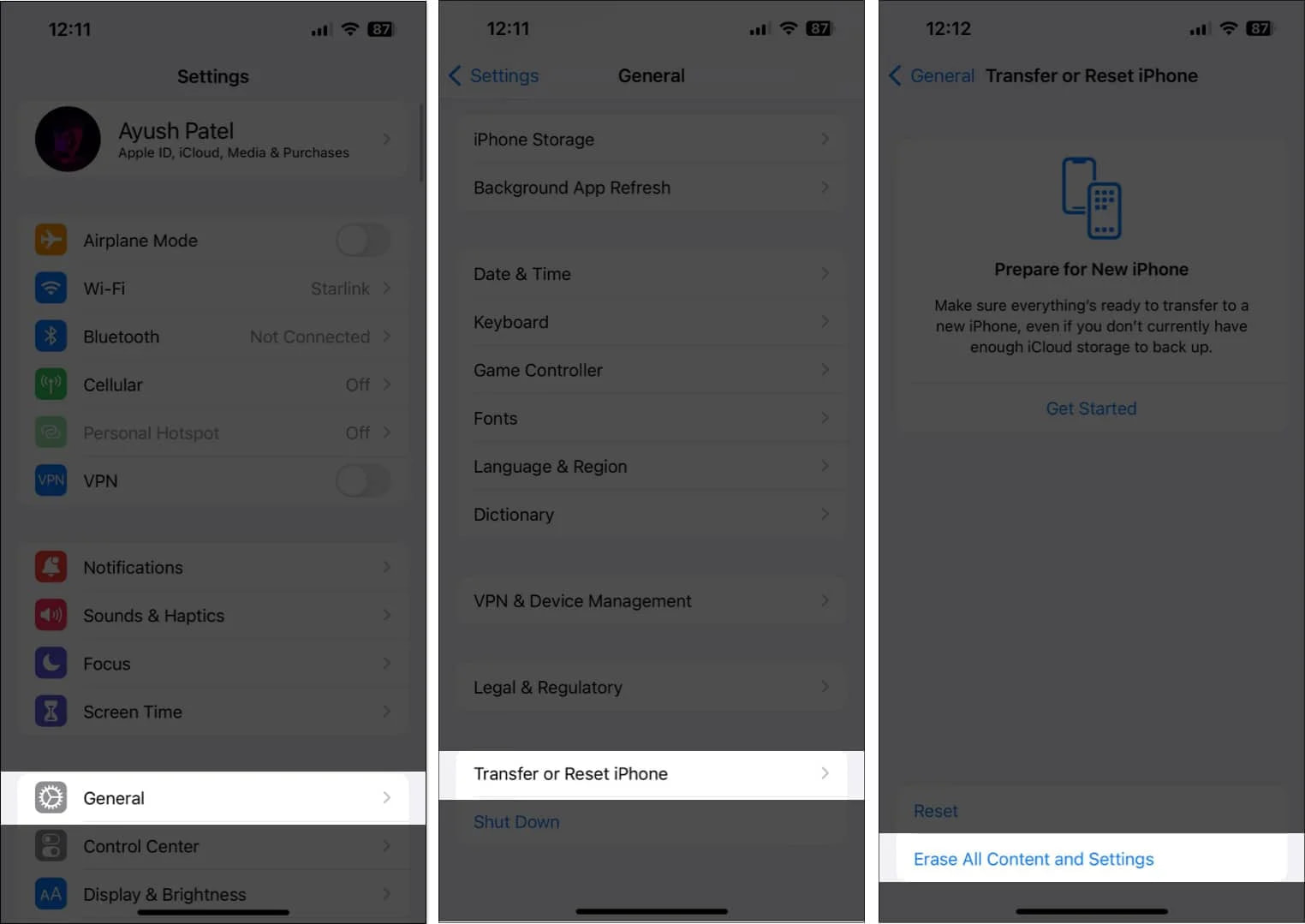 گزینه Erase All Content and Settings را انتخاب کنید