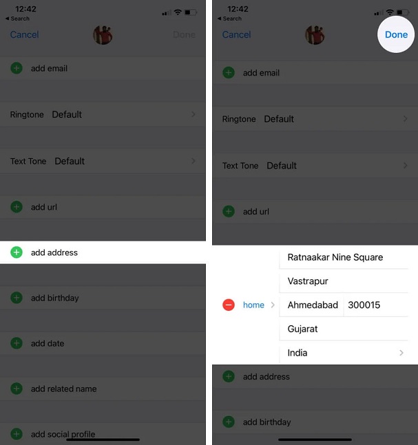 کلیک بر روی add address در تب تماس