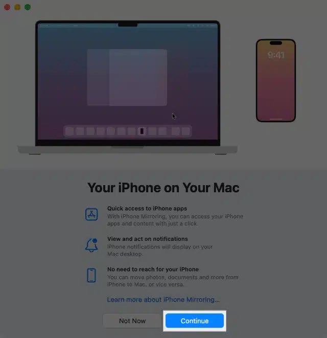 کلیک روی Continue برای ادامه اتصال آیفون و مک