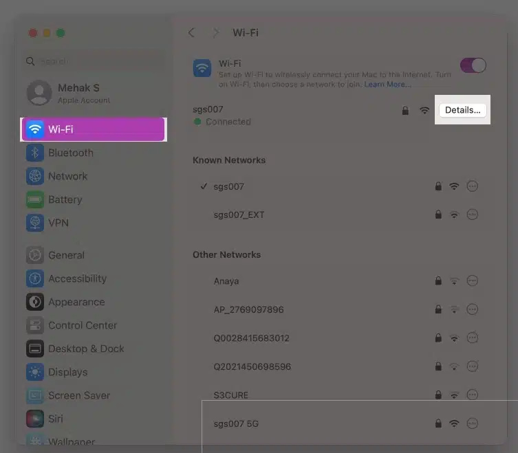 روی Details در کنار شبکه‌ای که به آن متصل هستید کلیک کنید