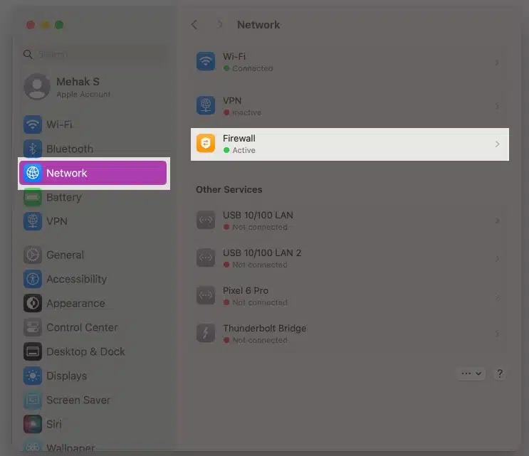 روی Network کلیک کرده و Firewall را انتخاب کنید