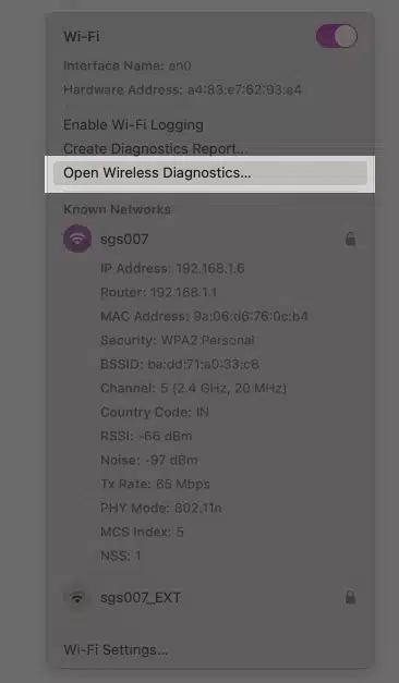 روی Open Wireless Diagnostics کلیک کنید