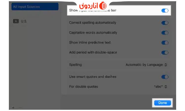 گزینه Show Input Menu in the Menu Bar را تغییر دهید